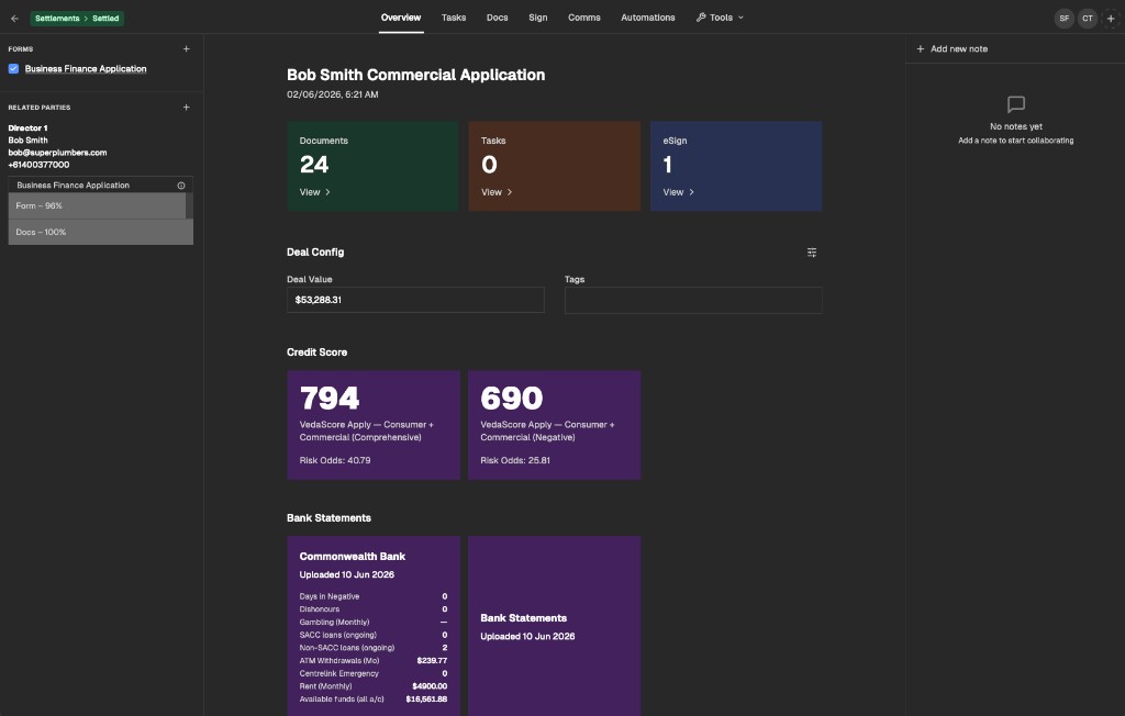 Client profile dashboard with deal config, credit scores, bank statements, workflow sidebar, and notes
